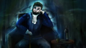 Large homme assis sur un fauteuil avec une bouteille de vin à ses côtés, c'est un marchand qui est habillé avec classe et qui reçoit le visiteur arrivant sur le site web du projet cartylion, ambiance bleue et sombre