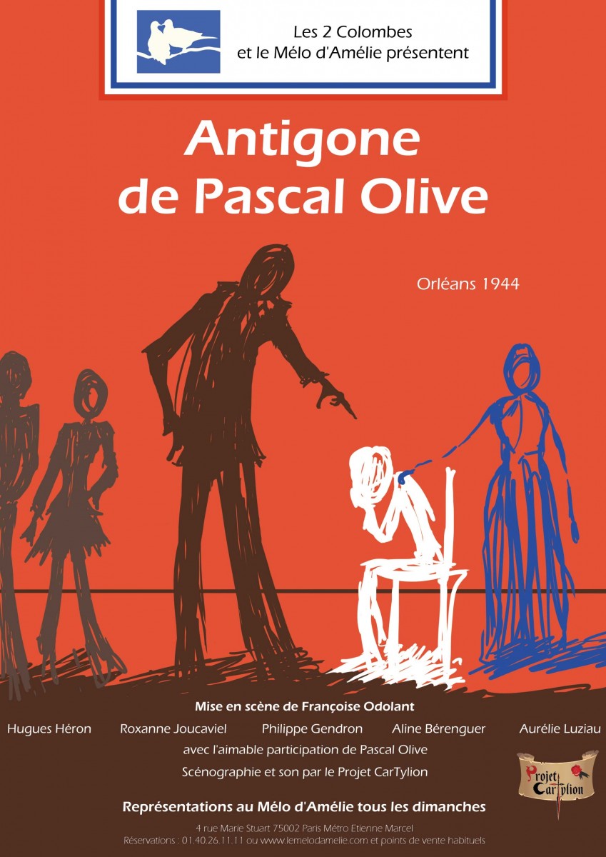 Affiche Antigone théâtre orange personnages batons