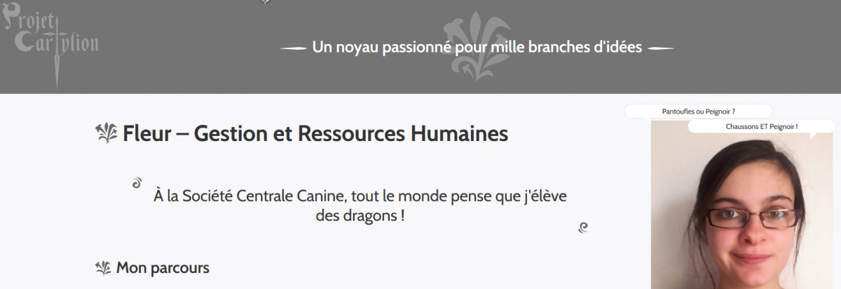 Image d'une page du site web - fiche équipe - questions et réponses dans des bulles au-dessus de la photo